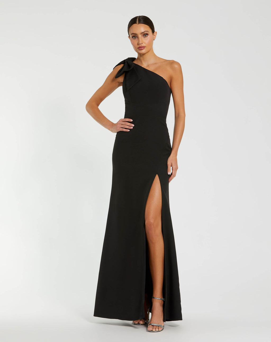 Petite Black Crepe One Shoulder Fitted Evening Gown With Bow Contemporary Collection