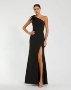 Petite Black Crepe One Shoulder Fitted Evening Gown With Bow Contemporary Collection