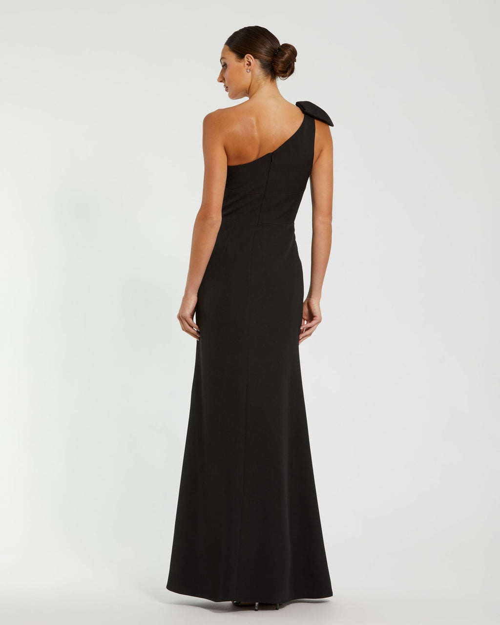 Petite Black Crepe One Shoulder Fitted Evening Gown With Bow Contemporary Collection