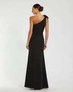 Petite Black Crepe One Shoulder Fitted Evening Gown With Bow Contemporary Collection