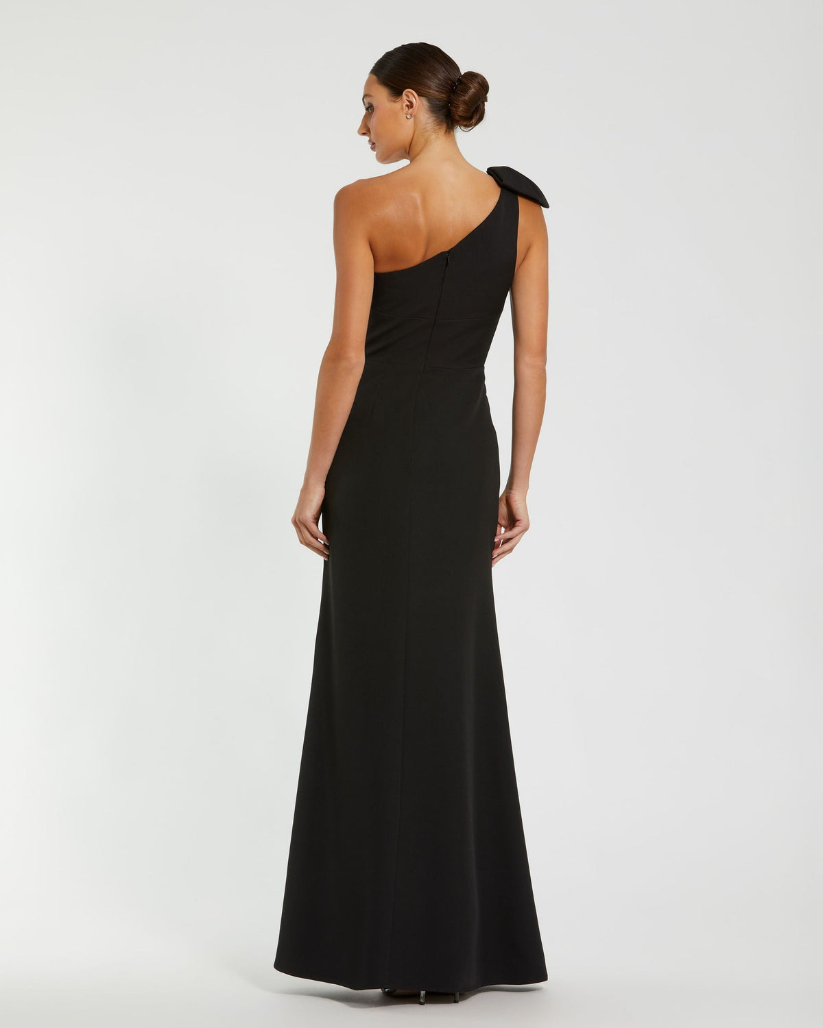 Petite Black Crepe One Shoulder Fitted Evening Gown With Bow Contemporary Collection