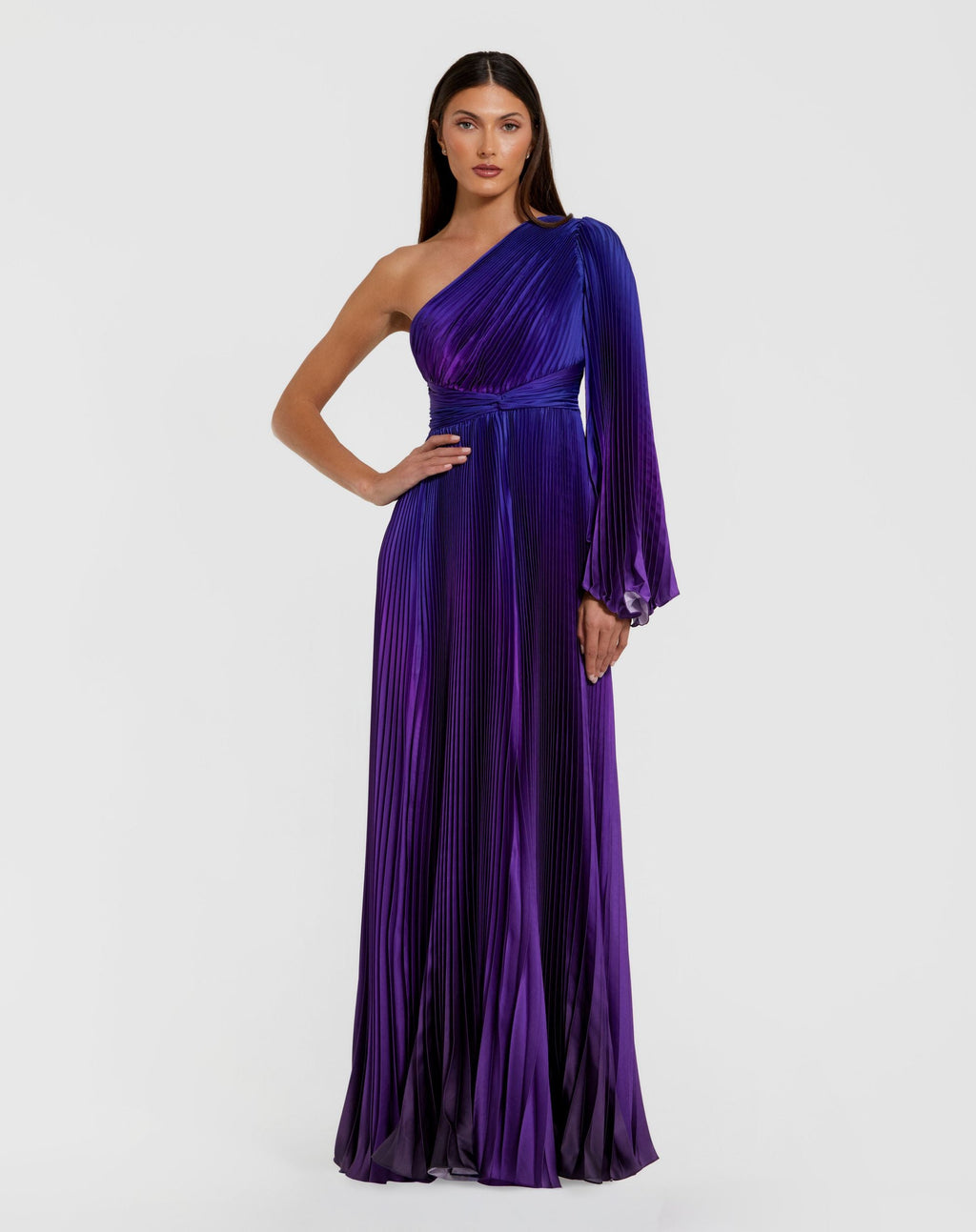 Petite Purple Pleated Charmeuse One Shoulder Ombre Gown