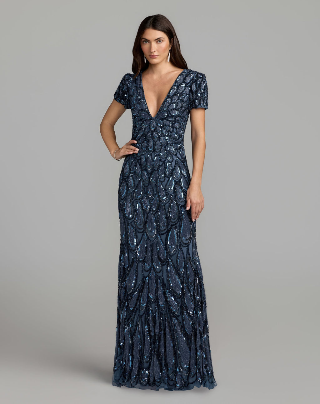 Petite Blue Embellished Deep V Column Gown - Designer Collection