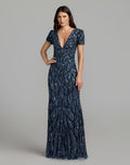 Petite Blue Embellished Deep V Column Gown - Designer Collection