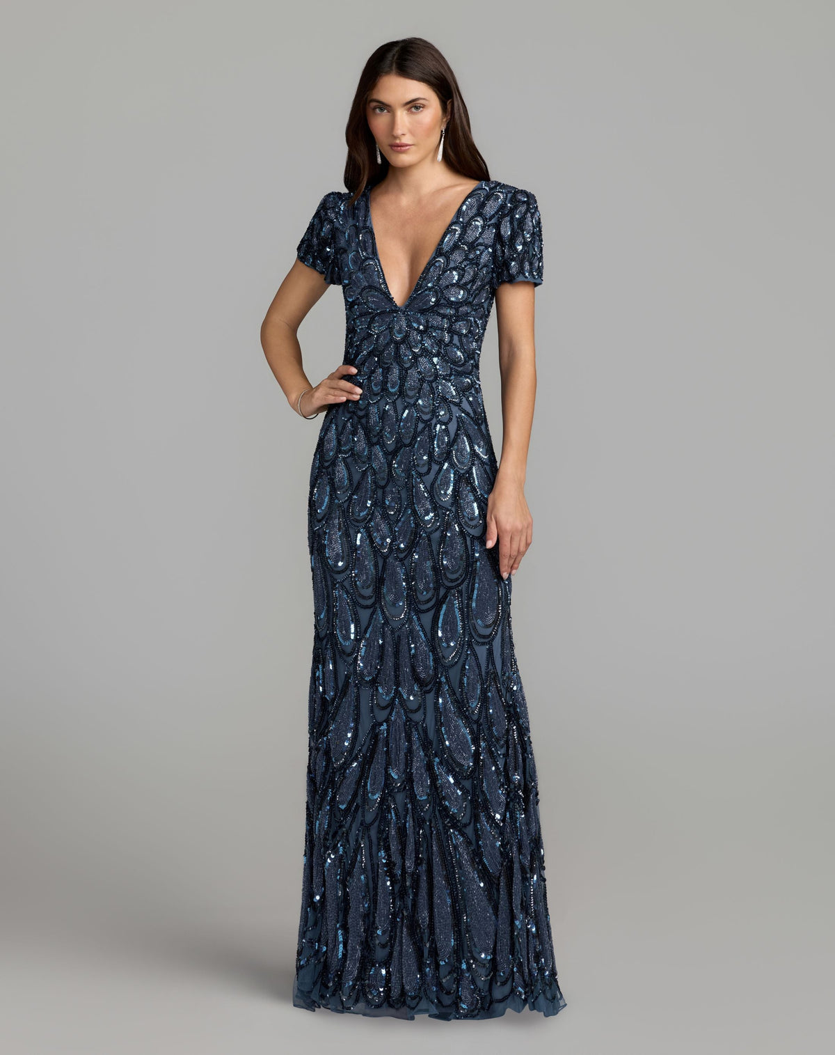 Petite Blue Embellished Deep V Column Gown - Designer Collection