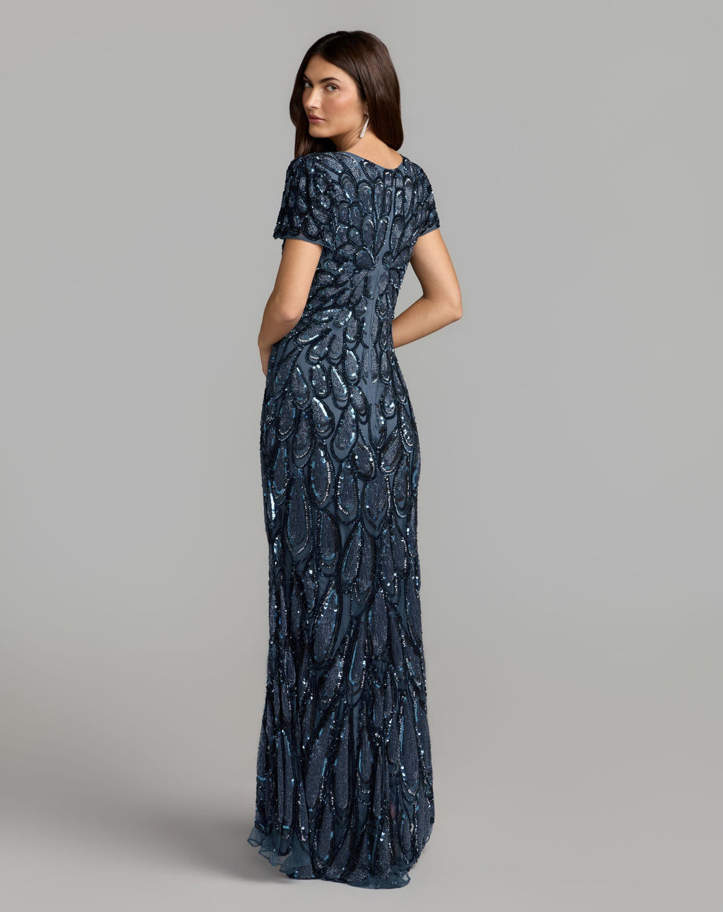 Petite Blue Embellished Deep V Column Gown - Designer Collection
