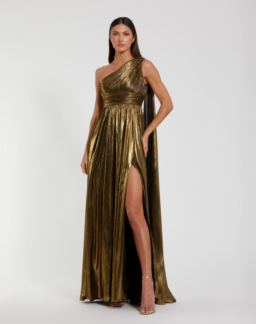 Petite Gold Metallic One Shoulder Gown With Slit - Contemporary Collection