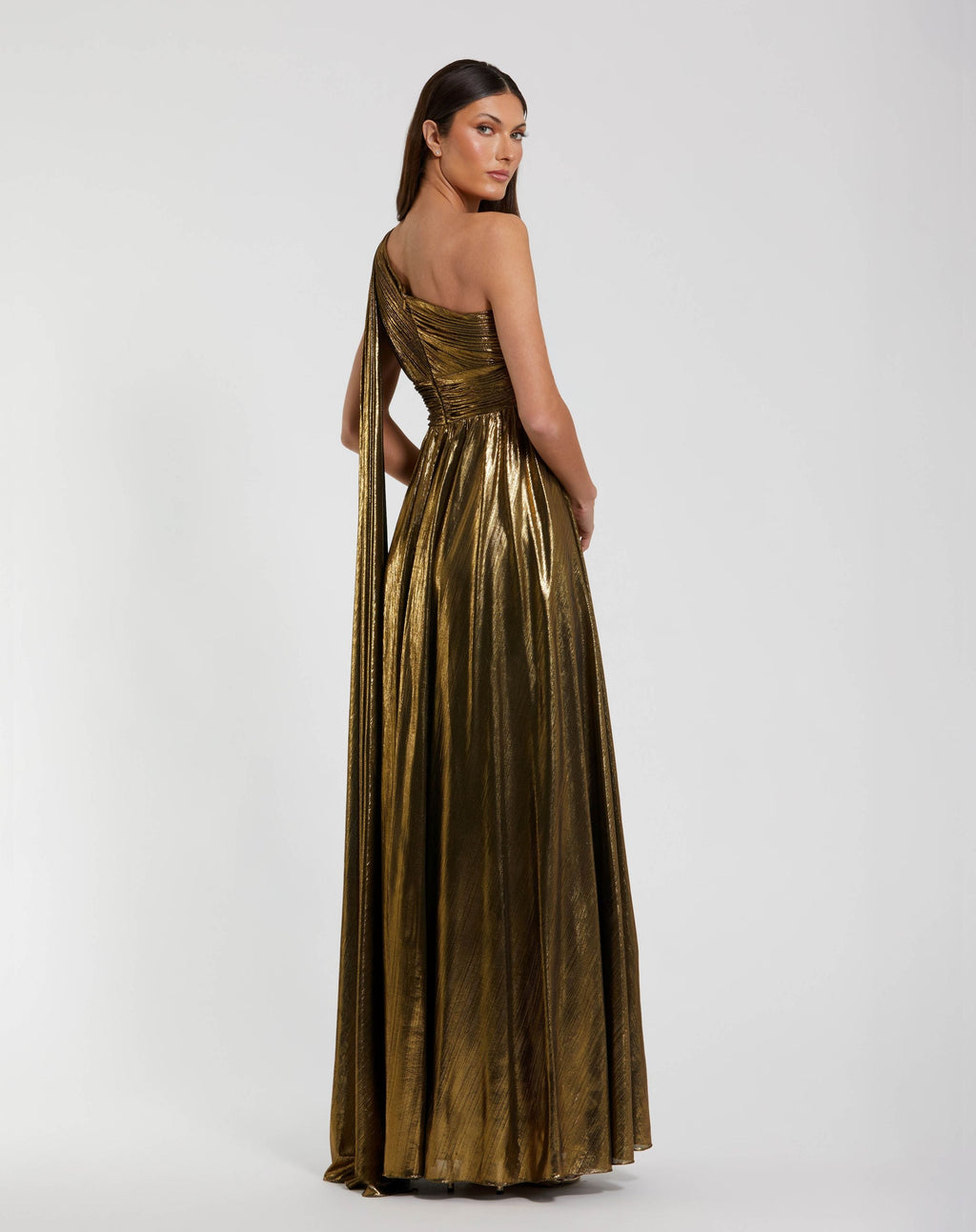 Petite Gold Metallic One Shoulder Gown With Slit - Contemporary Collection