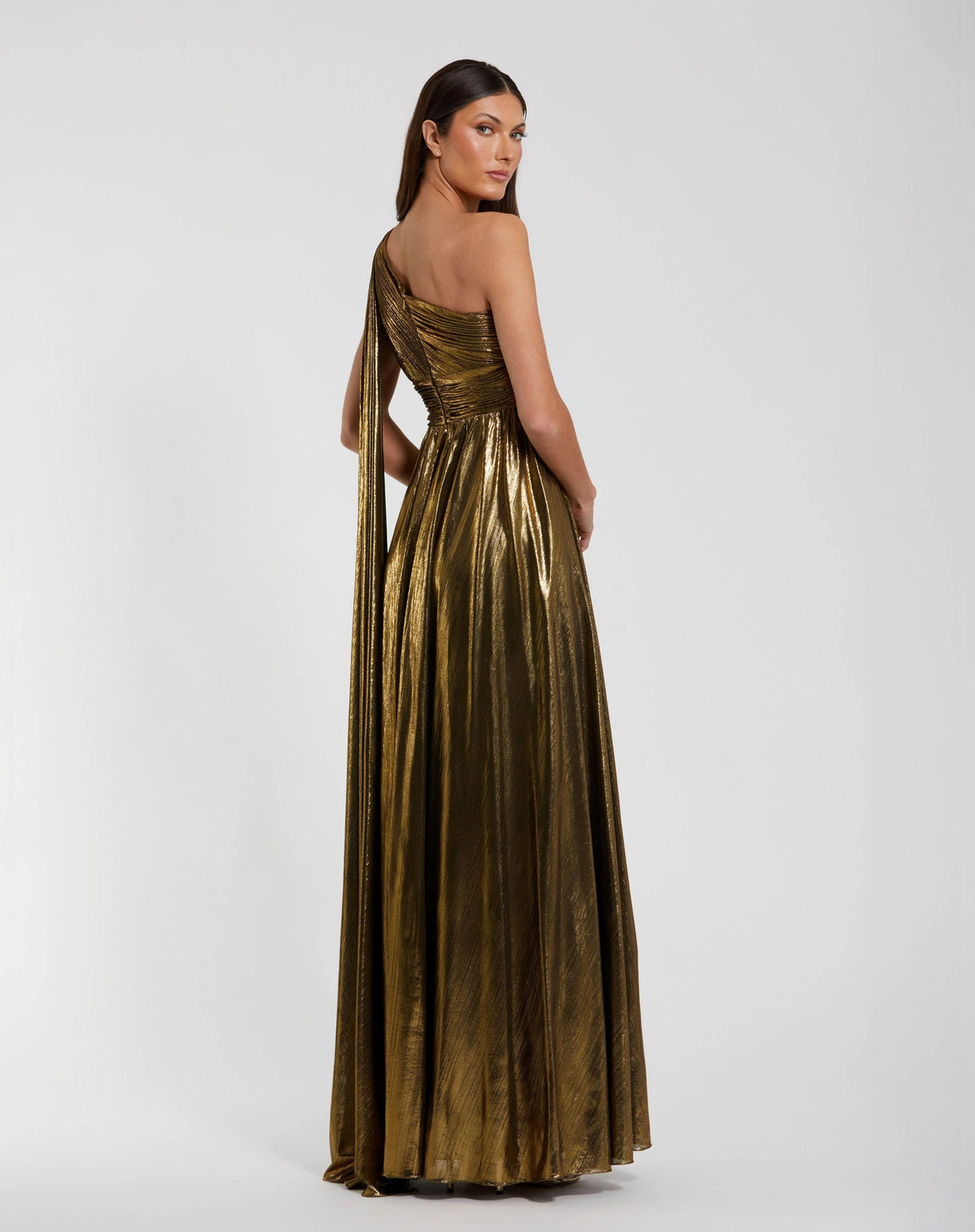 Petite Gold Metallic One Shoulder Gown With Slit - Contemporary Collection