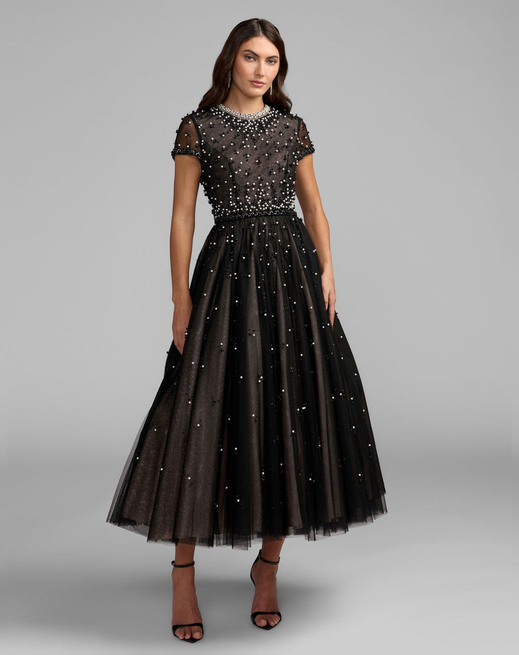 Petite Black Embellished Pearl Tulle Midi Dress - Designer Collection