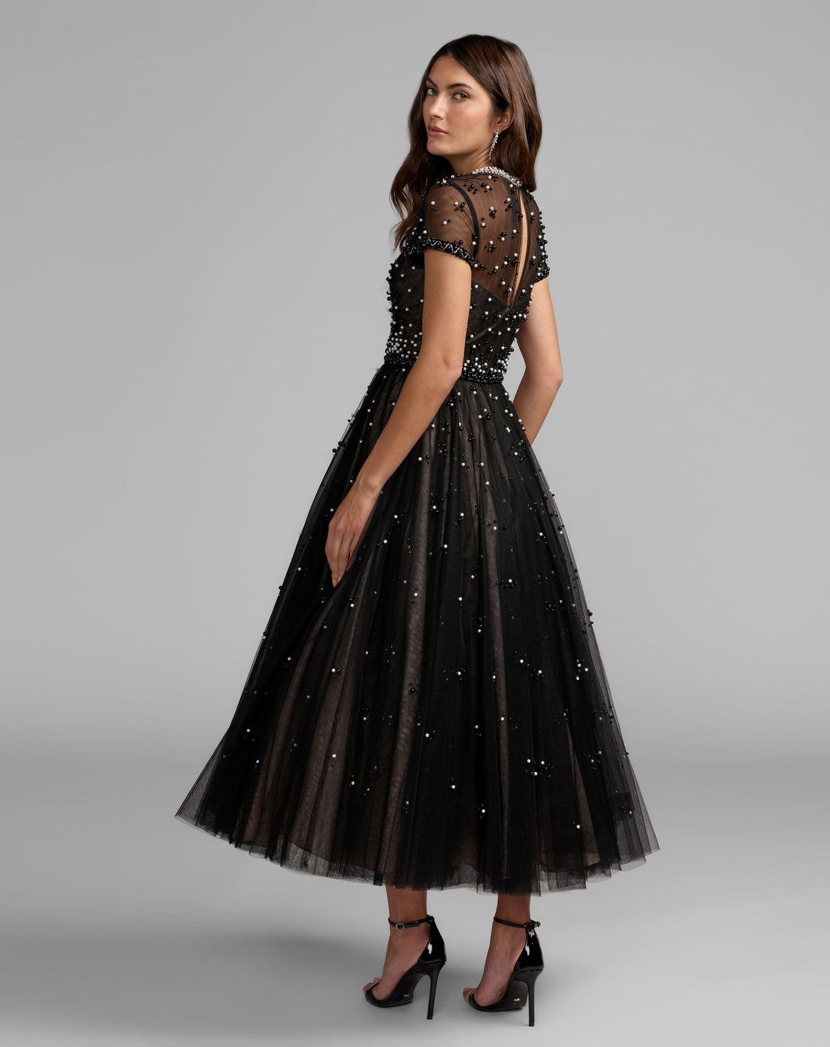 Petite Black Embellished Pearl Tulle Midi Dress - Designer Collection