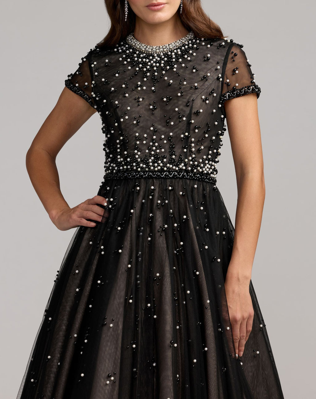 Petite Black Embellished Pearl Tulle Midi Dress - Designer Collection