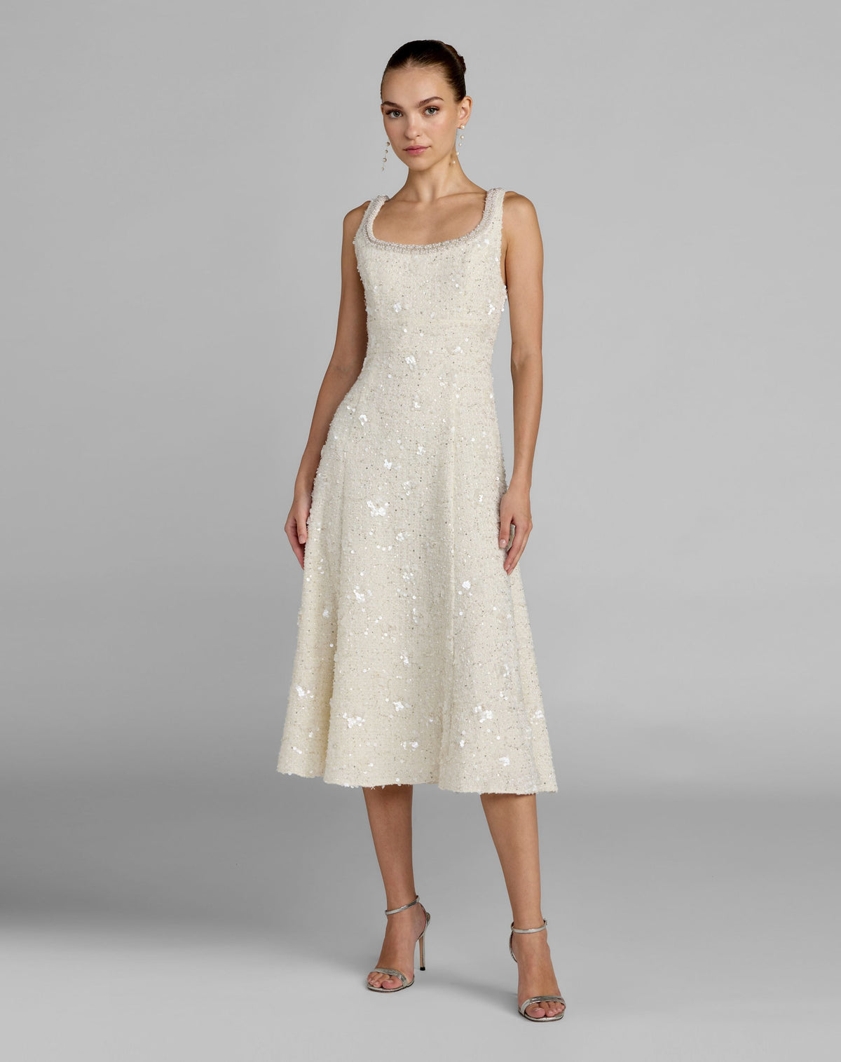 Petite Ivory Embellished Boucle Sleeveless A-Line Midi Dress - Designer Collection