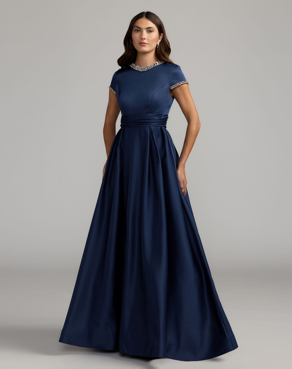 Petite Navy Embellished Satin Cap Sleeve Ball Gown - Contemporary Collection
