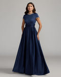 Petite Navy Embellished Satin Cap Sleeve Ball Gown - Contemporary Collection