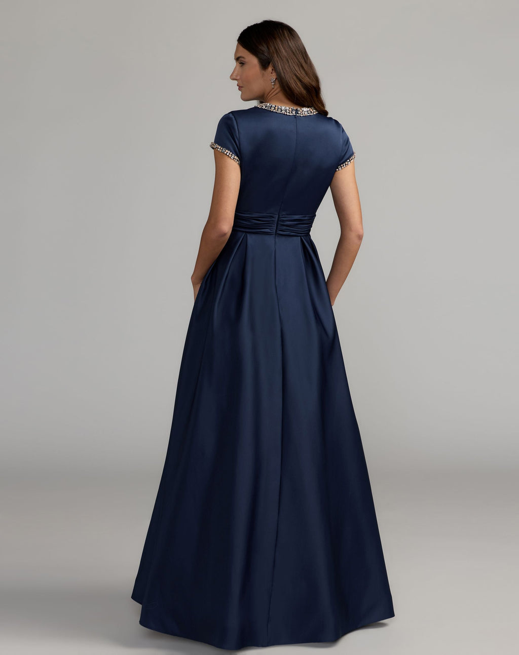 Petite Navy Embellished Satin Cap Sleeve Ball Gown - Contemporary Collection