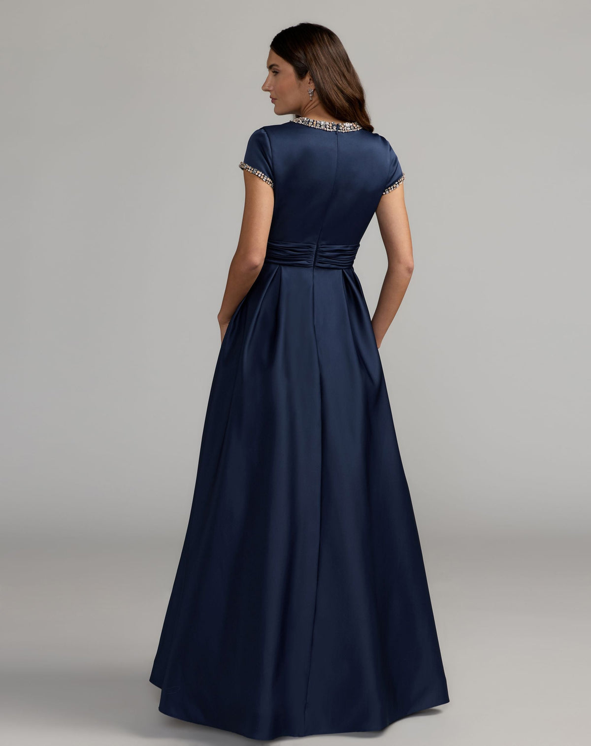Petite Navy Embellished Satin Cap Sleeve Ball Gown - Contemporary Collection