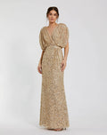 Petite Sequin Draped Sleeve V-Neck Gown - Designer Collection