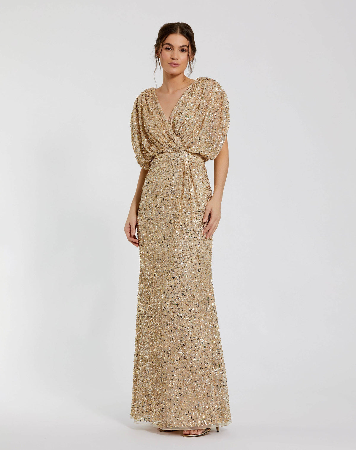 Petite Sequin Draped Sleeve V-Neck Gown - Designer Collection