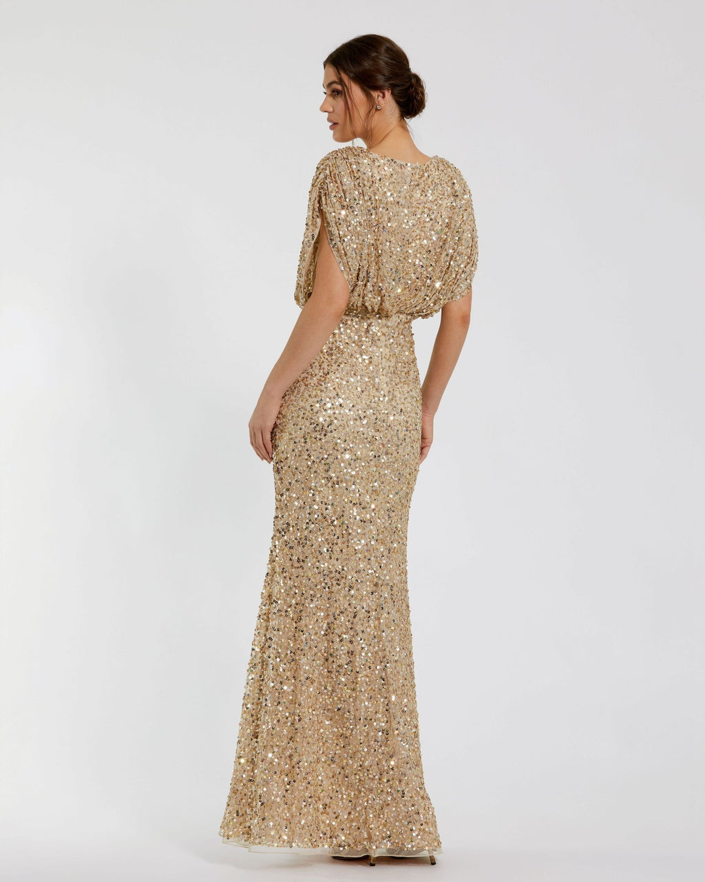 Petite Sequin Draped Sleeve V-Neck Gown - Designer Collection