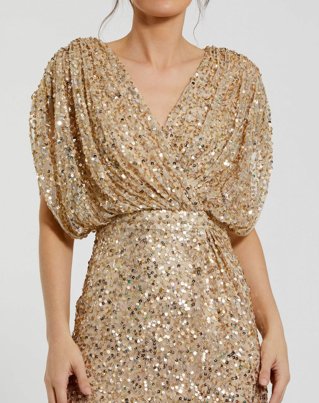 Petite Sequin Draped Sleeve V-Neck Gown - Designer Collection