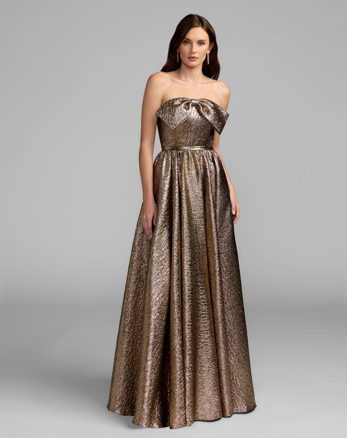 Petite Gold Strapless Metallic Ball Gown With Bow - Designer Collection