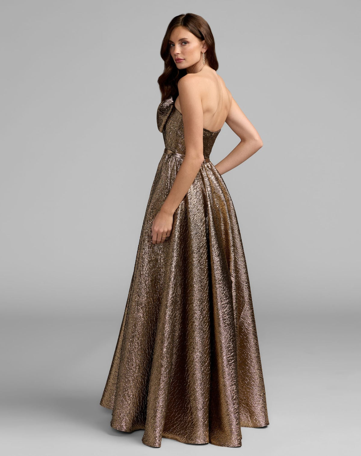 Petite Gold Strapless Metallic Ball Gown With Bow - Designer Collection