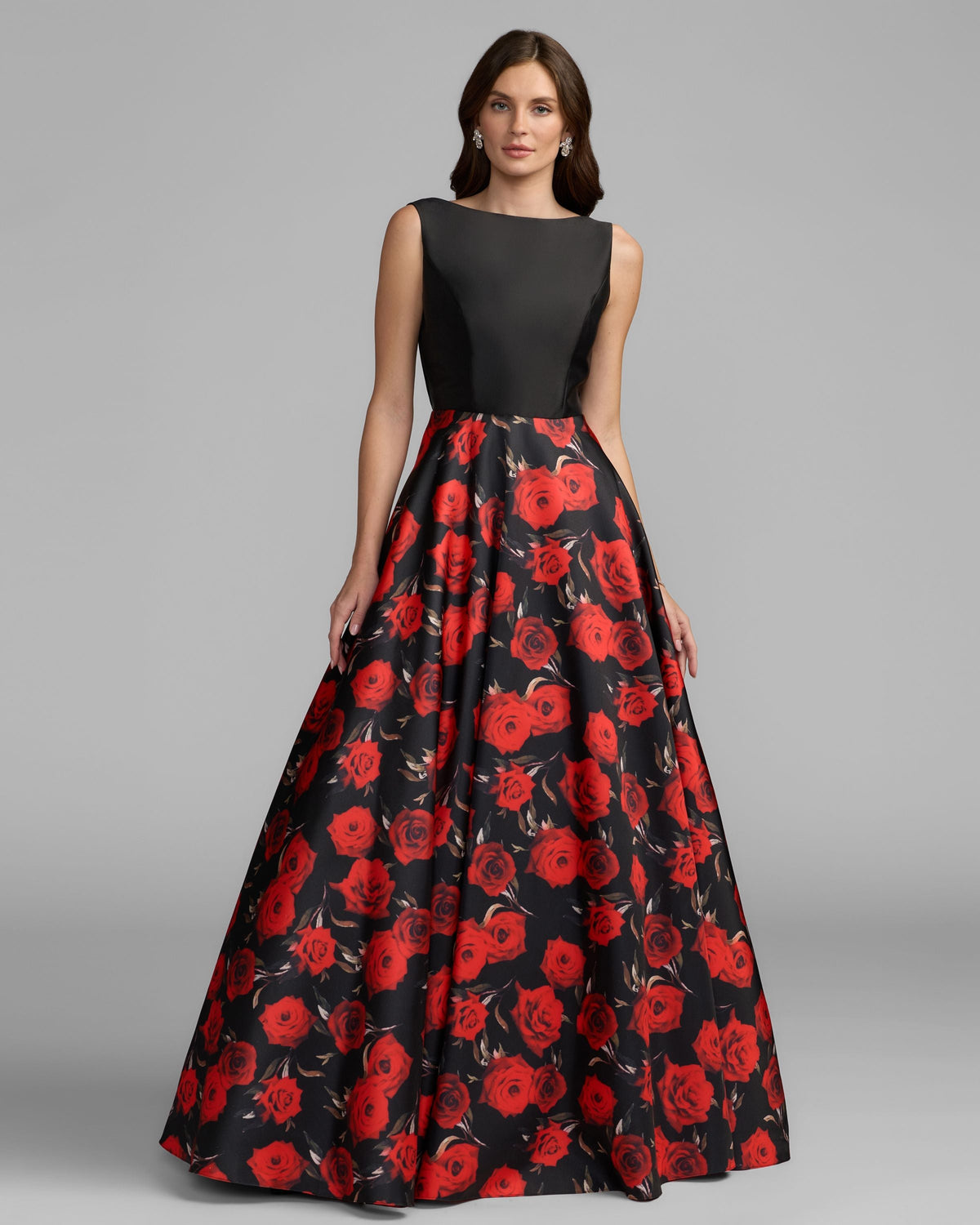Petite Black And Red Floral Open Back Ball Gown Designer Collection