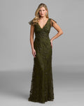 Petite Green Floral Embroidered Lace Flutter Sleeve Gown - Designer Collection