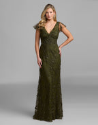 Petite Green Floral Embroidered Lace Flutter Sleeve Gown - Designer Collection