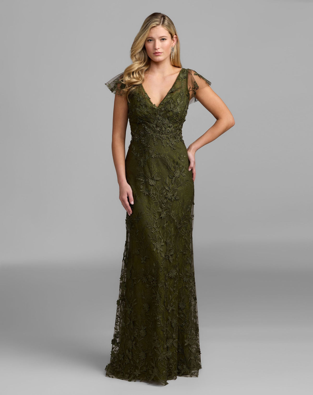 Petite Green Floral Embroidered Lace Flutter Sleeve Gown - Designer Collection