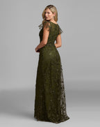 Petite Green Floral Embroidered Lace Flutter Sleeve Gown - Designer Collection