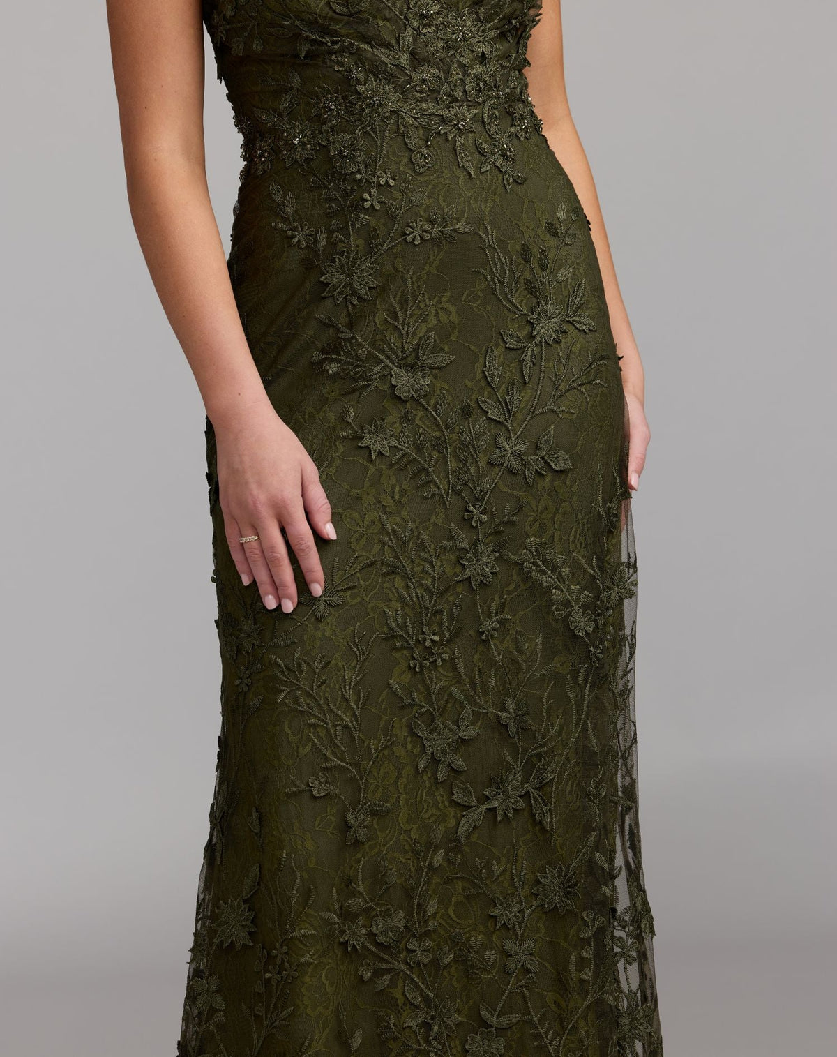 Petite Green Floral Embroidered Lace Flutter Sleeve Gown - Designer Collection