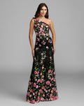 Petite Black One Shoulder Floral Embroidered Gown - Designer Collection