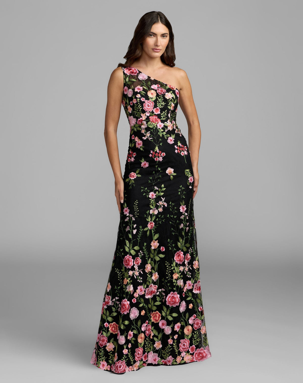 Petite Black One Shoulder Floral Embroidered Gown - Designer Collection