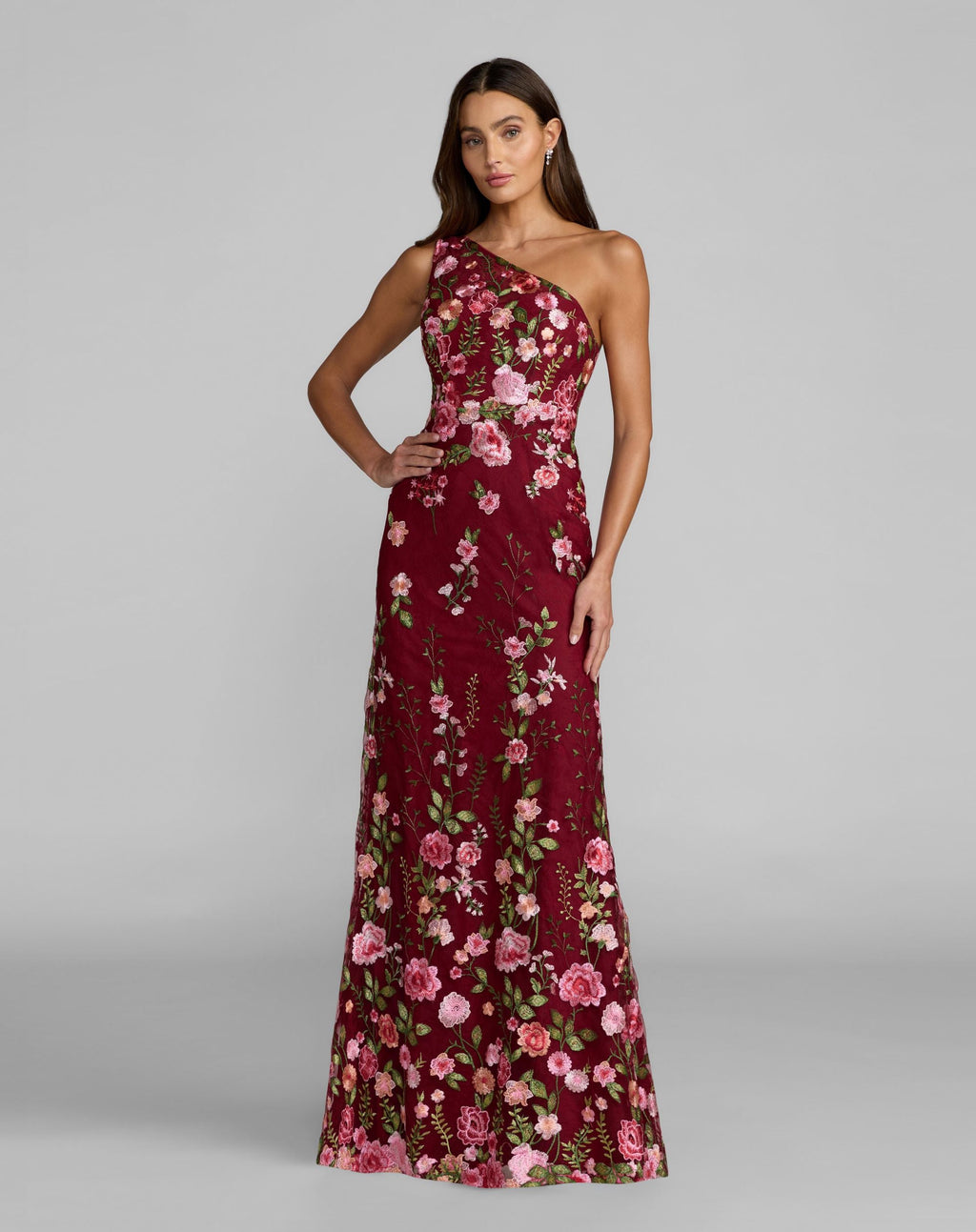Petite Red One Shoulder Floral Embroidered Gown - Designer Collection