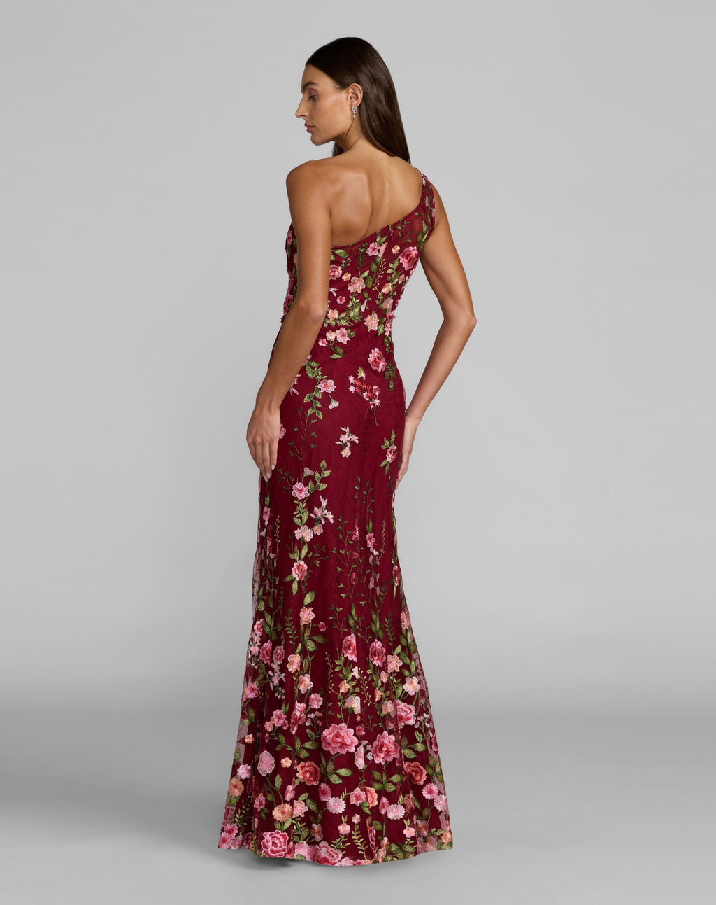 Petite Red One Shoulder Floral Embroidered Gown - Designer Collection
