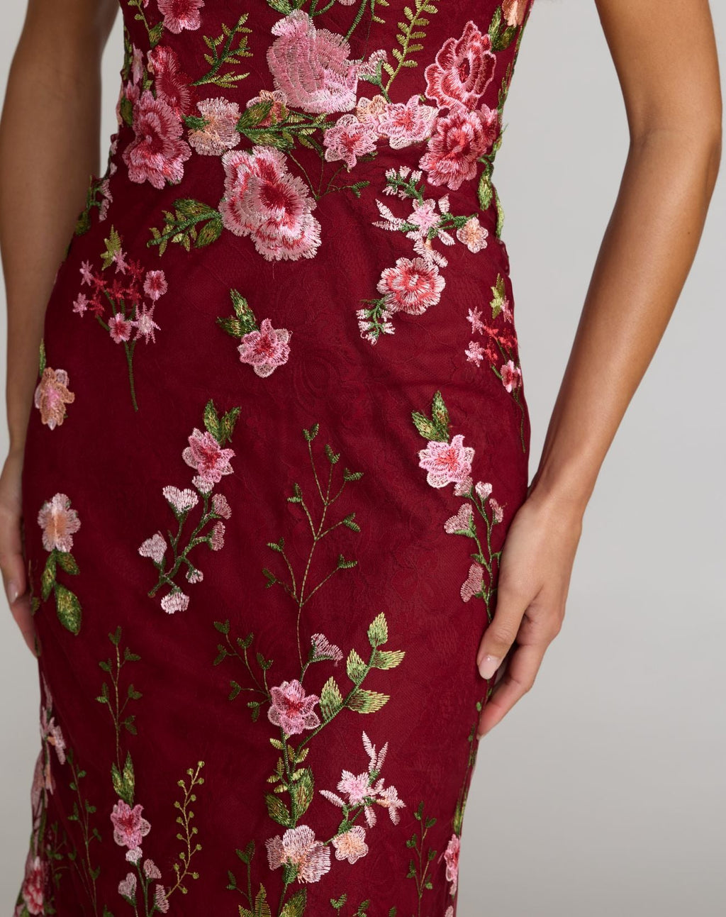 Petite Red One Shoulder Floral Embroidered Gown - Designer Collection