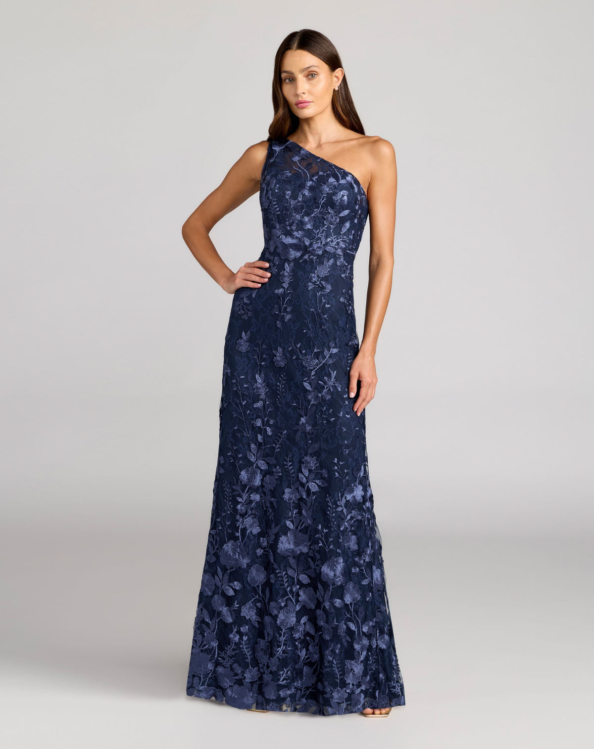 Petite Navy One Shoulder Floral Embroidered Gown - Designer Collection