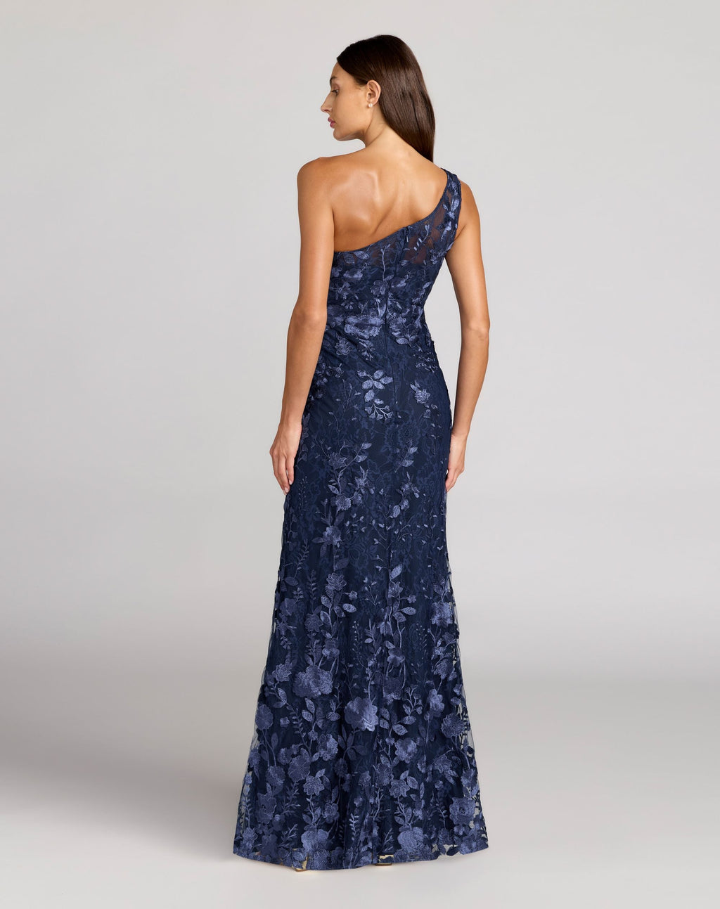 Petite Navy One Shoulder Floral Embroidered Gown - Designer Collection