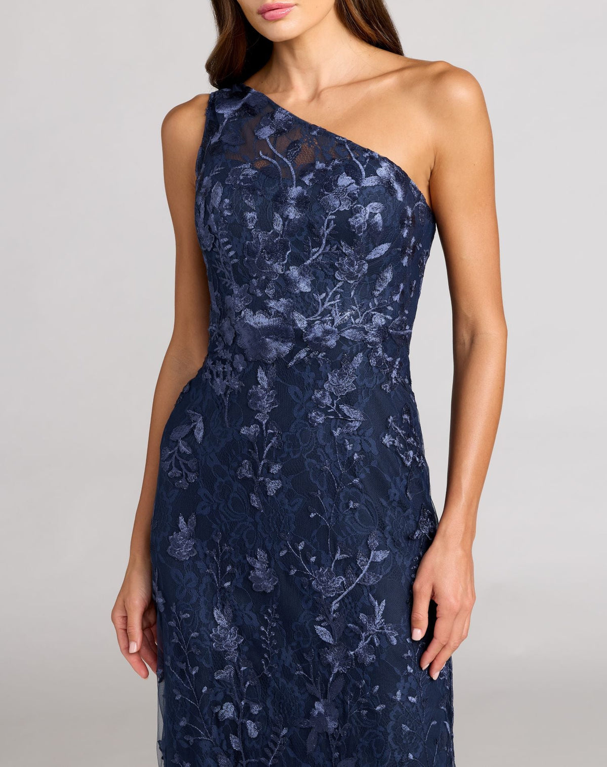 Petite Navy One Shoulder Floral Embroidered Gown - Designer Collection
