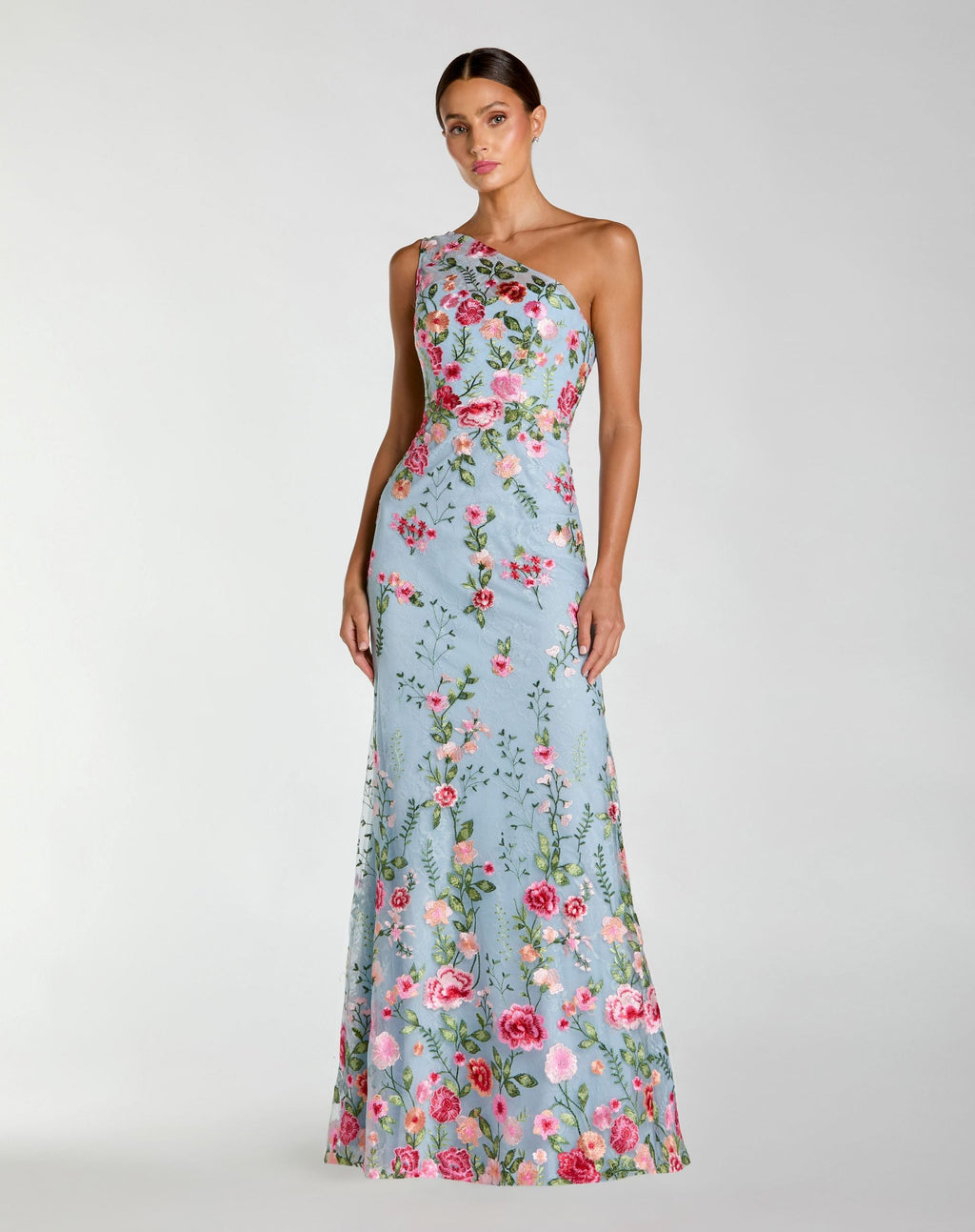 Petite Blue One Shoulder Floral Embroidered Gown - Designer Collection