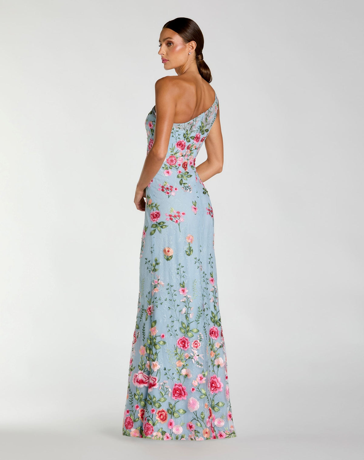 Petite Blue One Shoulder Floral Embroidered Gown - Designer Collection
