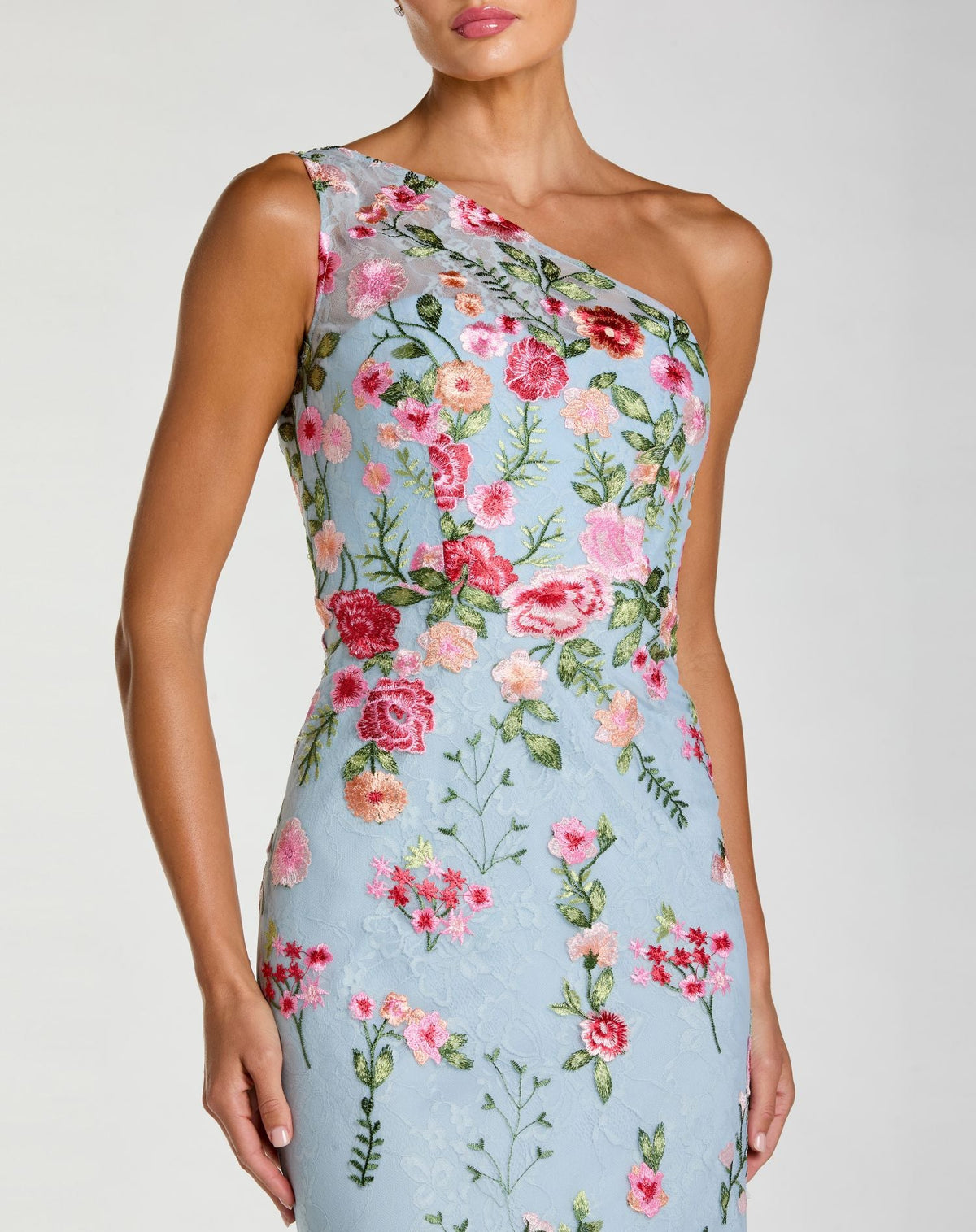 Petite Blue One Shoulder Floral Embroidered Gown - Designer Collection