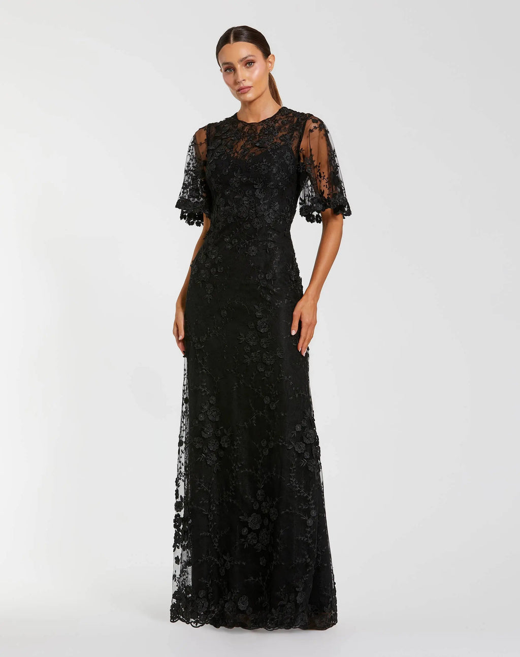Petite Black Flutter Sleeve Floral Embroidered Net Gown - Designer Collection