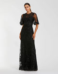 Petite Black Flutter Sleeve Floral Embroidered Net Gown - Designer Collection