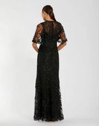 Petite Black Flutter Sleeve Floral Embroidered Net Gown - Designer Collection