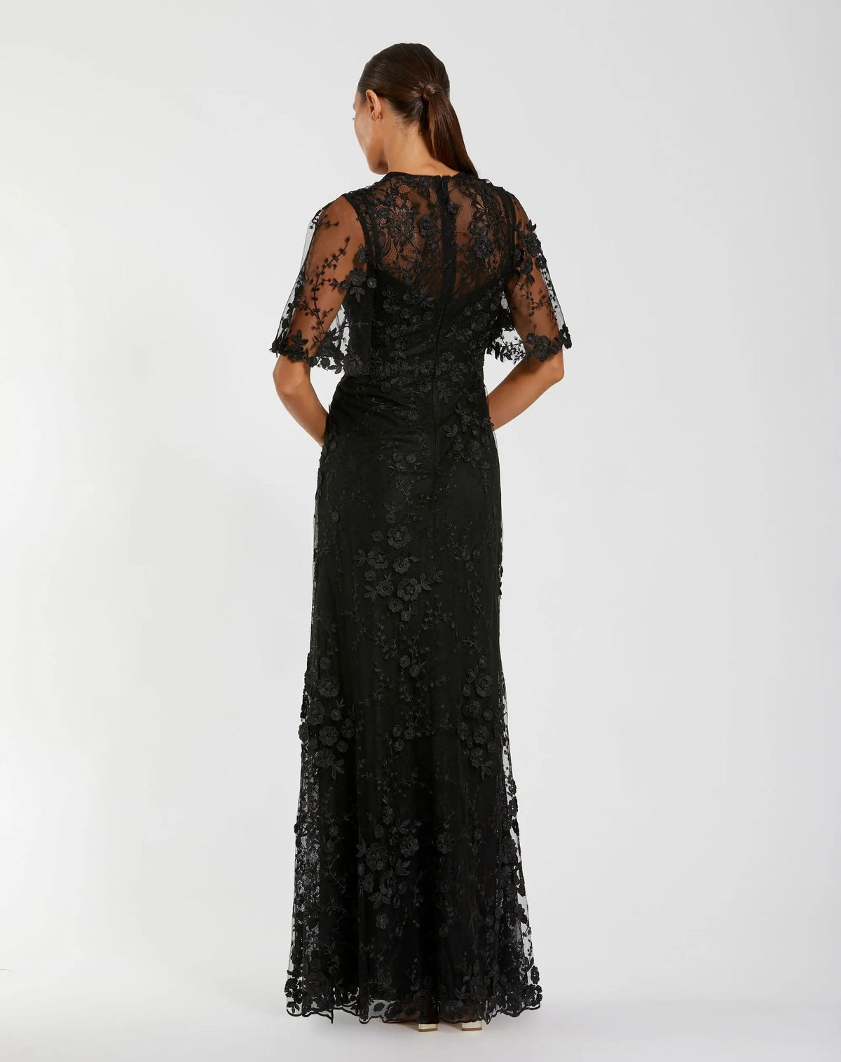 Petite Black Flutter Sleeve Floral Embroidered Net Gown - Designer Collection