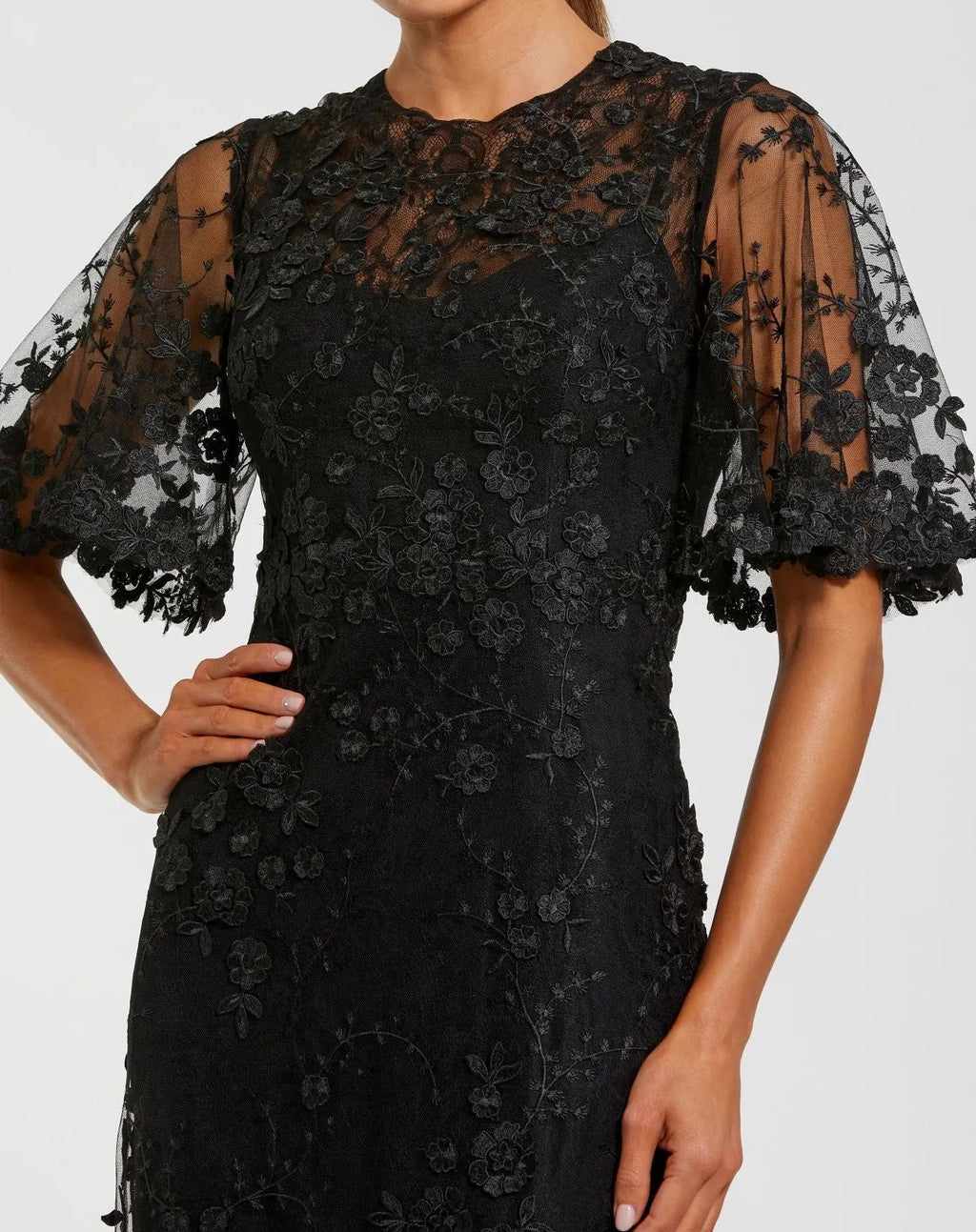 Petite Black Flutter Sleeve Floral Embroidered Net Gown - Designer Collection
