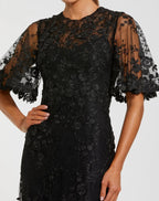 Petite Black Flutter Sleeve Floral Embroidered Net Gown - Designer Collection